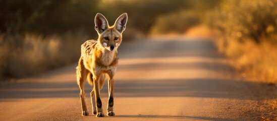 Canvas Print - A terrestrial animal, resembling a dog breed, with fur and a tail, is standing on a dirt road. Its snout points towards the camera in a wildlife art moment captured in macro photography