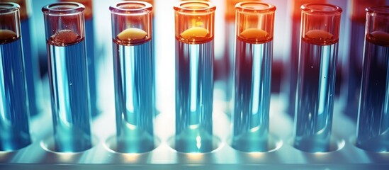 Wall Mural - a line of glass test tubes filled with liquid in a laboratory setting, showcasing various drinkware 