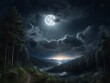 Dark sky at night, Big moon coming out of the clouds with twinkling stars above the forest