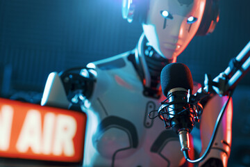 Wall Mural - AI robot working at the radio station studio