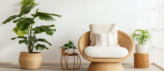 Sticker - Modern interior living room with wicker chair and potted plant.