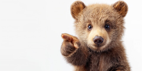 Sticker - cute little bear cub points finger at a copy space on white isolated background