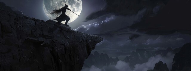 a long haired figure swings his sword as him loosing balance, falling off the cliff, dark night on cliff top, ancient China setting