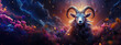 Majestic goat, starlit horns, mountainous backdrop, cosmic sky, nebulae, digital art, fantasy, animal portrait, space theme, vibrant colors, glowing effects, interstellar environment.