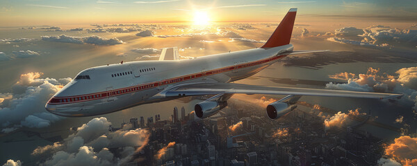 Wall Mural - Commercial airliner flies over city at sunset.