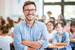 Happy teacher standing in a class with crossed arms in front of his students and looking at the camera. Portrait of confident teacher with students studying in background.