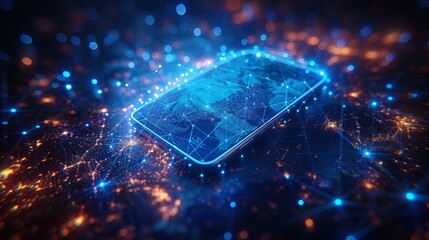 Fototapete - Blue mobile phone, white screen, hologram planet earth. Geometric background. Wireframe light connection structure Modern 3D graphic concept Isolated  illustration.