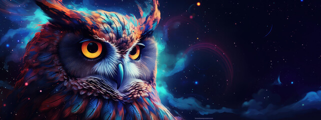 Majestic and wisdom owl on cosmic background with space, stars, nebulae, vibrant colors, flames; digital art in fantasy style, featuring astronomy elements, celestial themes, interstellar ambiance