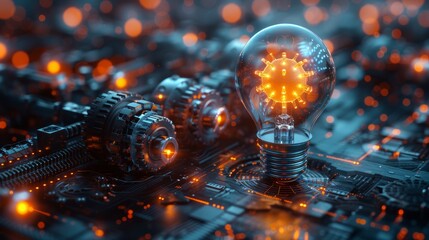 Leinwandbilder - The concept of machine learning and AI with a blue glowing light bulb was created in a low poly style design with a geometric background with abstract wireframe light connections. A modern 3D graphic