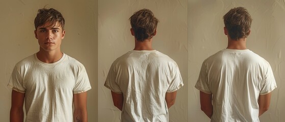 Wall Mural - Isolated front and back of a young man wearing a white t-shirt