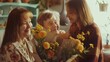 Grandmother-in-law, daughter-in-law, and granddaughter-in-law congratulate each other on Mother's Day, give flowers