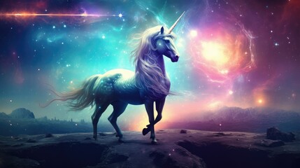 Wall Mural - Beautiful unicorn, rainbow background with winged unicorn silhouette with stars. Magic fantasy world