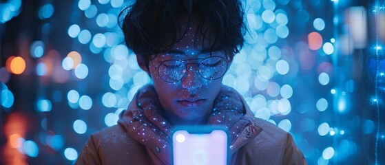 Aufkleber - A person with experience of the Metaverse Virtual World via a smart phone. Futuristic Tone. Conceptual Photograph.