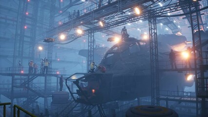Wall Mural - Production of military futuristic ship at the factory. People and robots Future concept. Realistic 4k animation.