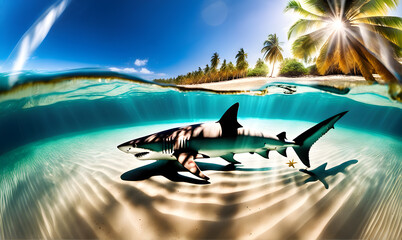 Sticker - Sunlit Beach with Underwater Shark