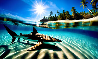 Poster - Sunlit Beach with Underwater Shark