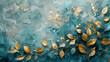 Elegant golden leaf patterns on textured blue abstract background in modern art style