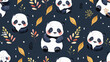 Seamless pattern featuring adorable pandas and fall foliage in a flat style