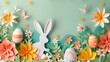 A paper art background for easter with egg and flower rabbit, copy space in the middle, vibrant color palette