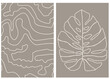 collection of modern simple minimalistic posters with linear monstera leaf silhouettes and geometric shapes (hand drawn) on a beige background