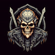 Knight Skull Emblem with Sword. Skull Warrior Mascot in Helmet