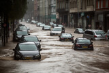 Fototapeta  - Flood in a European city. Heavy rains. Bad weather. The cars sank in the water.