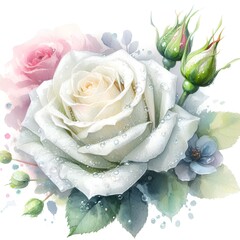 Wall Mural - Watercolor illustration of a white rose flower with dew drops on a white background.