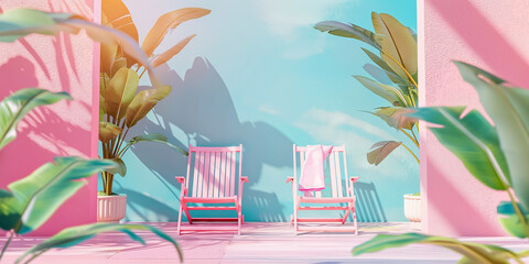 Two pastel pink deckchairs and palm trees on a blue background. Nice symmetrical composition. Summer vacation colorful tropical background in pastel bright colors. 