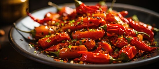 Poster - A closeup of a bowl of spicy chili peppers, a key ingredient in many cuisines and dishes. These vibrant produce add heat and flavor to various recipes