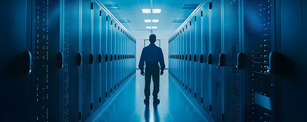 Poster - Security Guard at Data Centers: Ensuring Safety and Protection. Concept Security Protocols, Data Protection, Access Control, Surveillance Monitoring, Threat Response