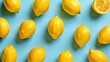 Realistic lemons apart from each other photo pattern, flat color background, isometric, view from top, bird eye view, professional studio shoot 