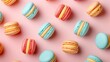 Realistic macaroons apart from each other photo pattern, flat color background, isometric, view from top, bird eye view, professional studio shoot