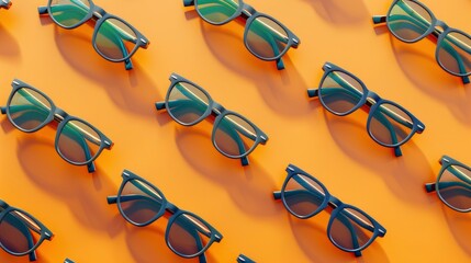 Realistic sunglasses pattern, flat color background, isometric, view from top, bird eye view, professional studio shoot