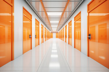 Corridor of self storage unit with yellow doors. Rental Storage Units.