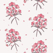 Vector illustration. Seamless floral pattern of pink flowers on a light background, print for fabric, textile, wallpaper, baby clothes, packaging, design for banner, poster, card, invitation and scrap