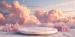 Dreamy pink clouds encircling a marble circular platform at dusk.