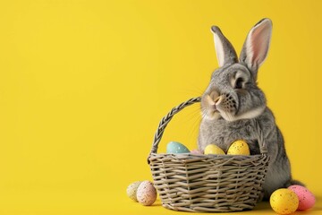 Wall Mural - A fluffy easter bunny with a basket filled with easter eggs, yellow background with copy space