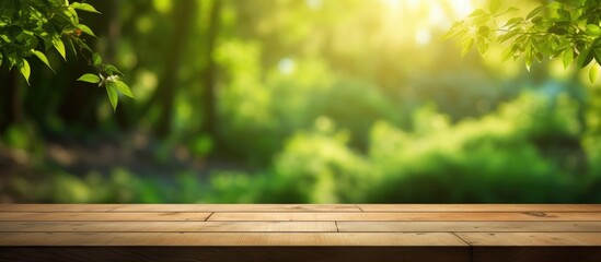 Canvas Print - A wooden table sits in the foreground, with a blurred forest in the background. The natural landscape features tints and shades of green, with trees, grass, and a chair completing the scene