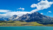 © Anna - View of Torres del Paine National park mountains, with beautiful blue sky and white clouds.