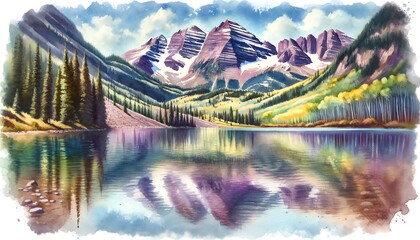 Wall Mural - Watercolor landscape of Maroon Bells in Colorado