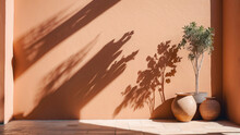 Sunlit Rustic Terracotta Wall With Olive Tree In A Clay Pot And Hard Shadows On A Sunny Day. Minimal Natural Greenery Design With Creative Copy Space.