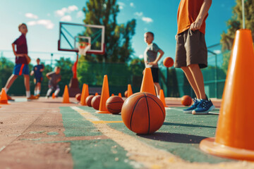 Wall Mural - Kids Exercising on Basketball Training. Basketball Equipment on Outdoor Court. Group of Children Play Basketball Training Match