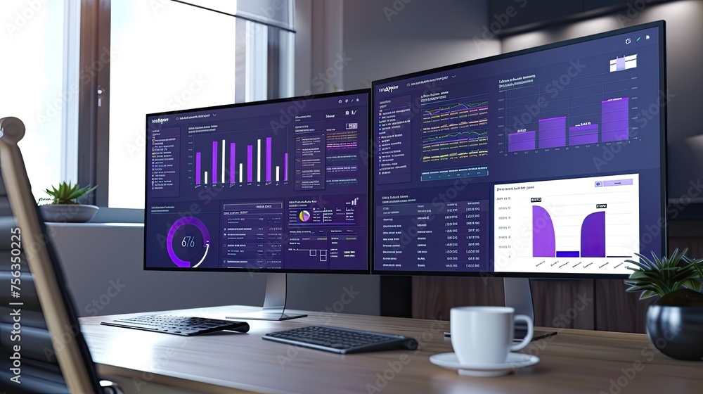 three computer screens, tech-savvy, purple, blue, and white-themed data ...