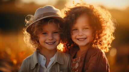 Close-up shot of smiling children embracing each other with copy space on blurred background