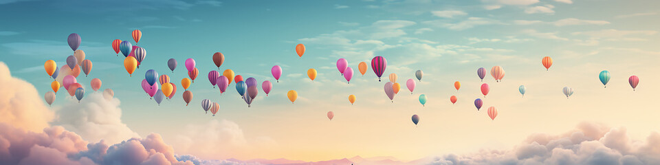 Wall Mural - panorama of multicolored balloons in the sky above the clouds, long narrow panoramic view, background, space, freedom and happiness