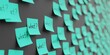Many teal stickers on black board background with question what? symbol drawn on them. Closeup view with narrow depth of field and selective focus. 3d render, Illustration