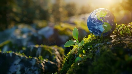 Sticker - Globe in the moss. Environment conservation concept. 3D rendering