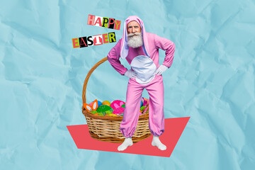 Sticker - Collage image sketch of funny old man bunny pink costume eggs basket celebrate easter invitation postcard bizarre unusual fantasy billboard