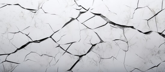 Poster - A monochrome photo of a cracked wall with a tree twig growing out of it, creating a captivating visual pattern in this composite material structure