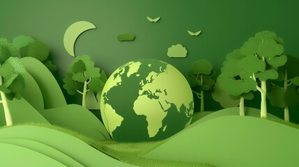 Wall Mural - 3d illustration of green earth with trees and airplanes flying over it